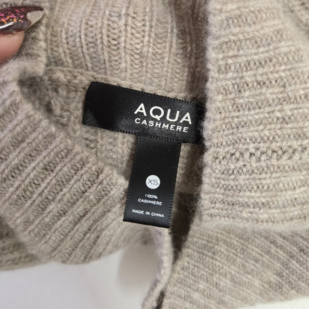 AQUA  100% cashmere‎ Novelty Stitch Mock Neck Pull Over Sweater XS Soft Beige